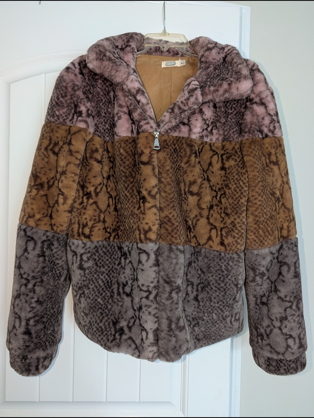 Faux Fur Colorblock Jacket in Brown and Mauve